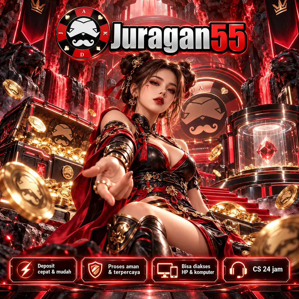 Banner JURAGAN55 untuk Ruang Pemula, tema merah hitam dan ilustrasi game digital